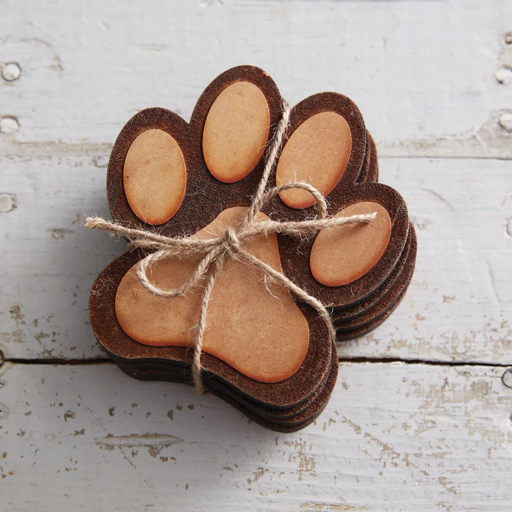 Rustic Wood-Burned Paw Print Drink Coasters - Set of 4