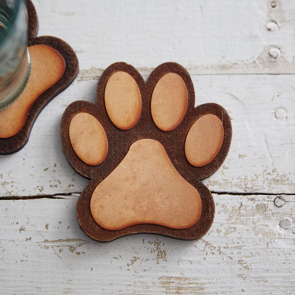 Rustic Wood-Burned Paw Print Drink Coasters - Set of 4