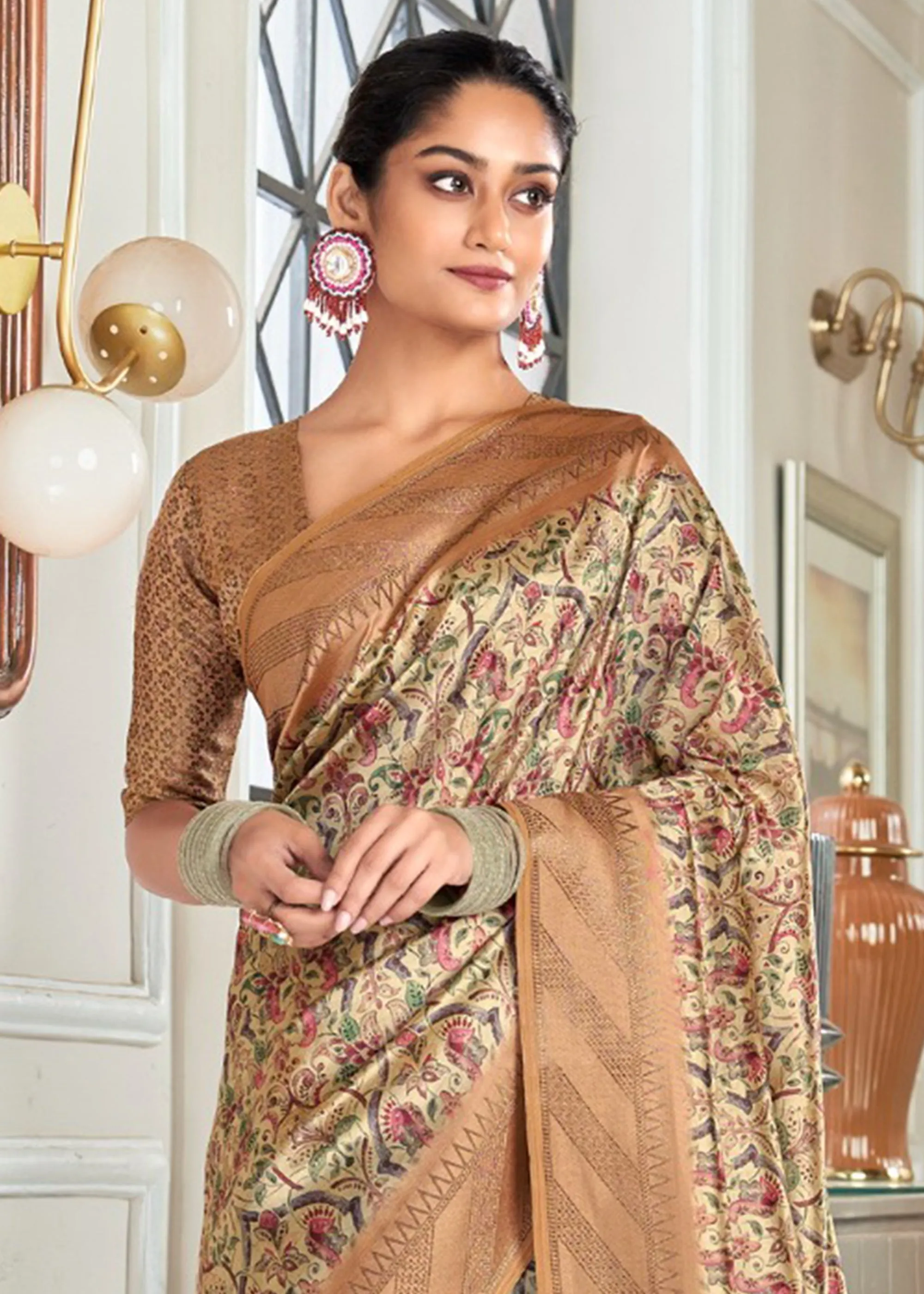 Sand Beige Woven Banarasi Silk Saree With Digital Print