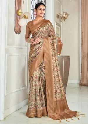 Sand Beige Woven Banarasi Silk Saree With Digital Print