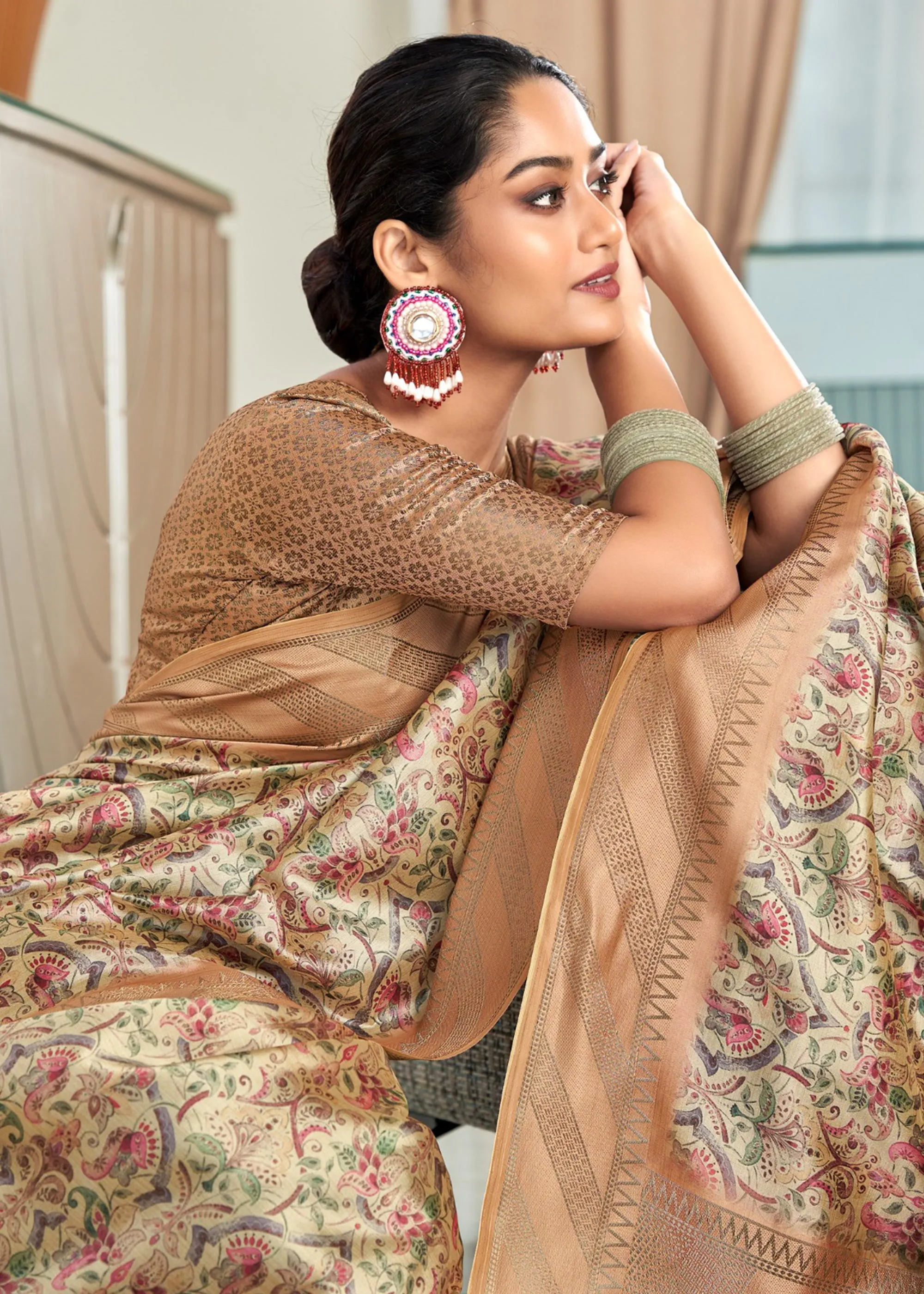 Sand Beige Woven Banarasi Silk Saree With Digital Print