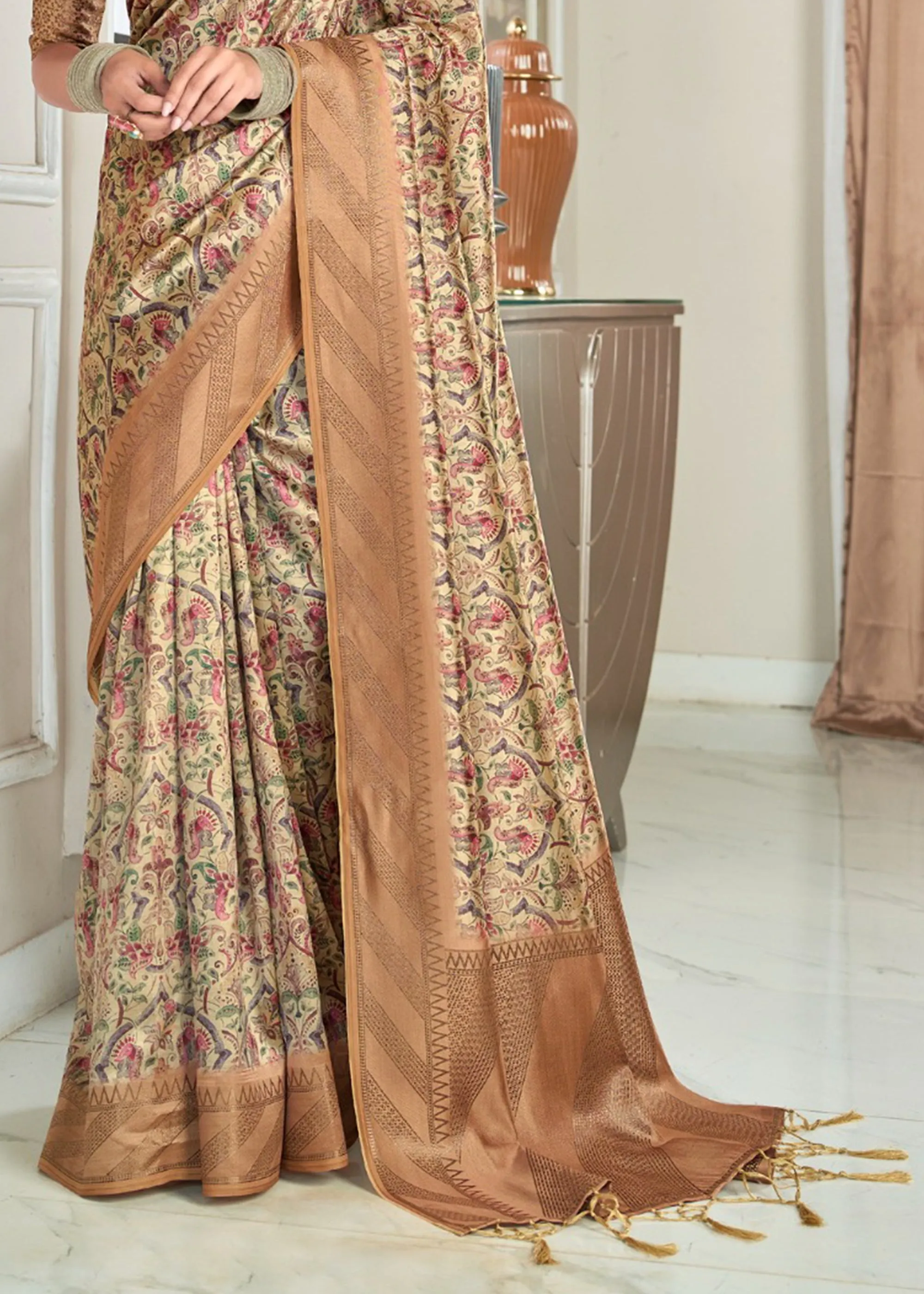 Sand Beige Woven Banarasi Silk Saree With Digital Print
