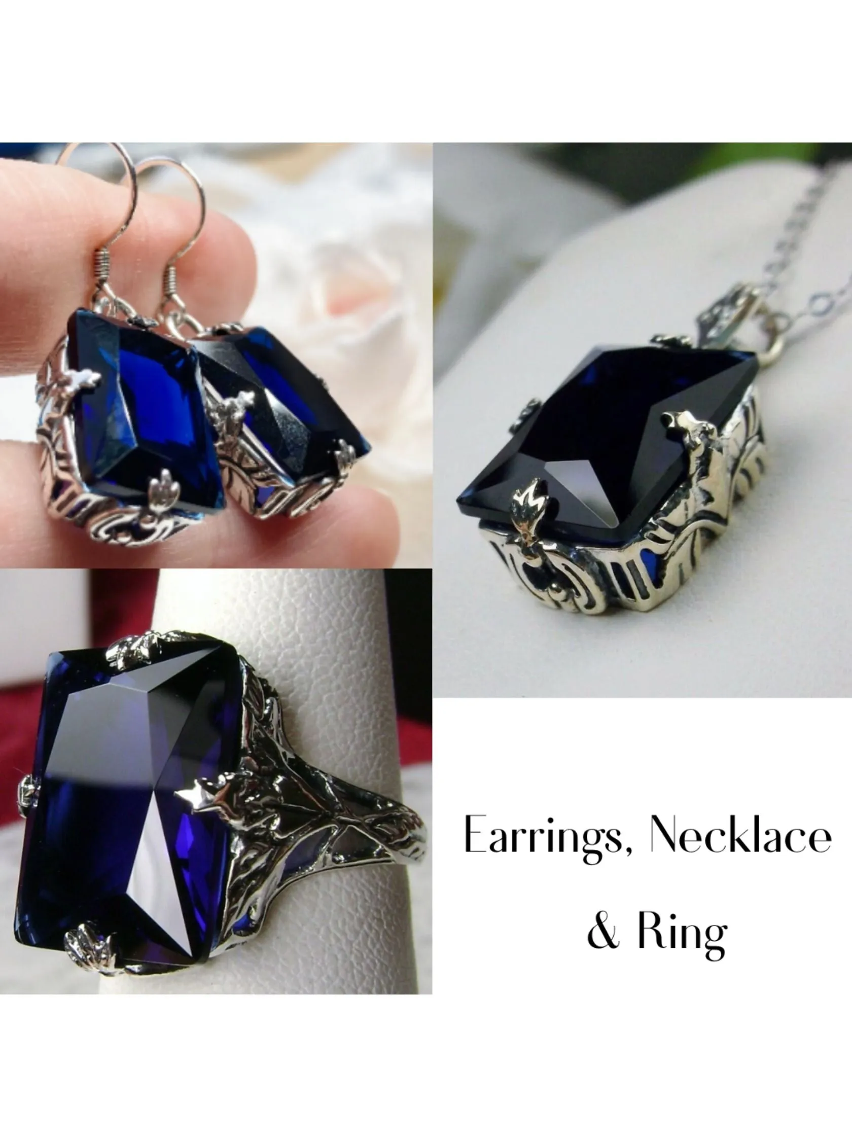 Sapphire Jewelry Set, Rectangle Art Deco Set includes Ring, Earrings & Pendant #S15