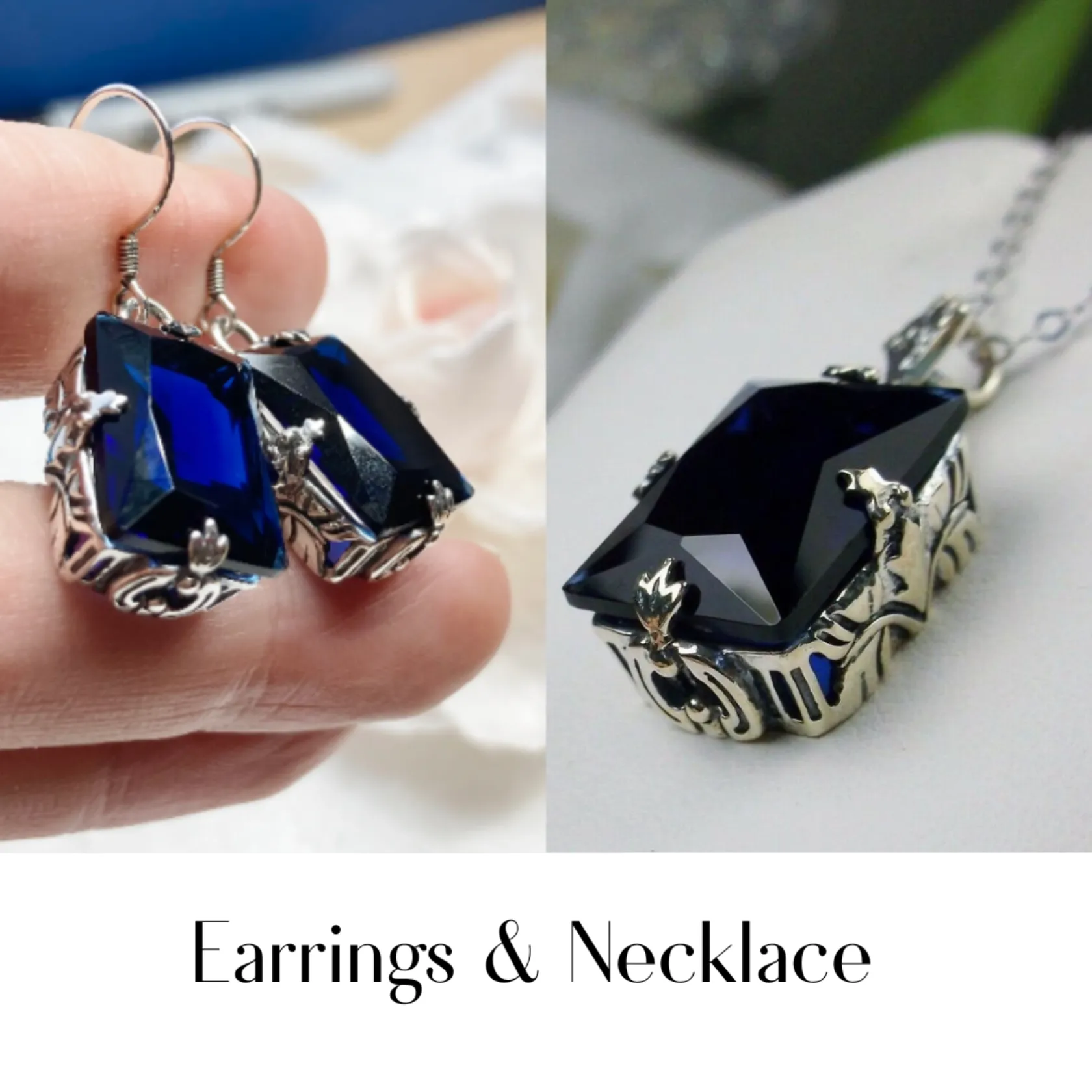 Sapphire Jewelry Set, Rectangle Art Deco Set includes Ring, Earrings & Pendant #S15