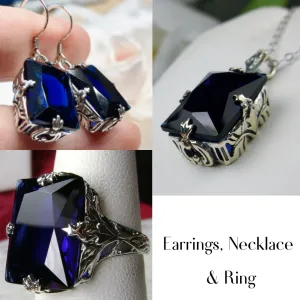 Sapphire Jewelry Set, Rectangle Art Deco Set includes Ring, Earrings & Pendant #S15