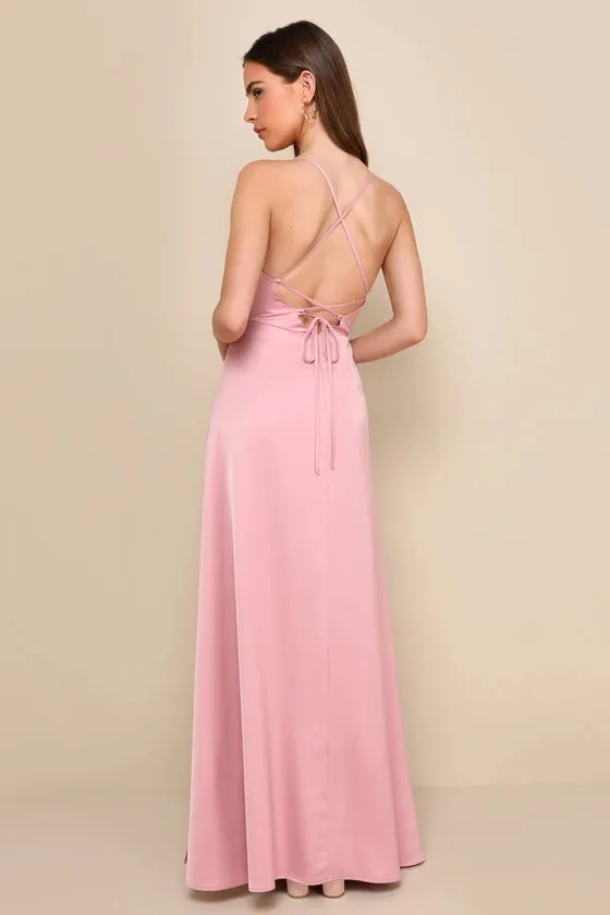 satin pleated lace-up backless maxi dress in pink