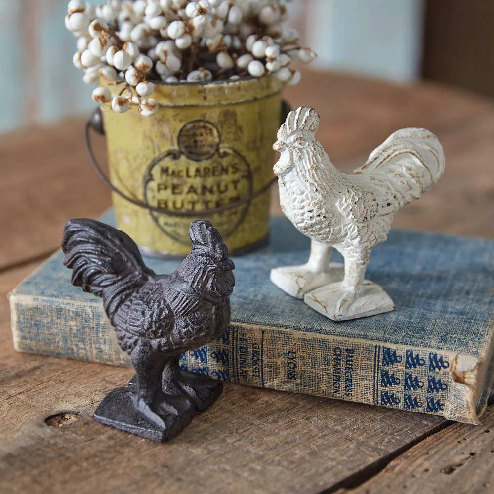 Set of 2 Charming Antique White Cast Iron Roosters
