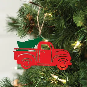 Set of 4 Charming Red Truck with Tree Ornaments