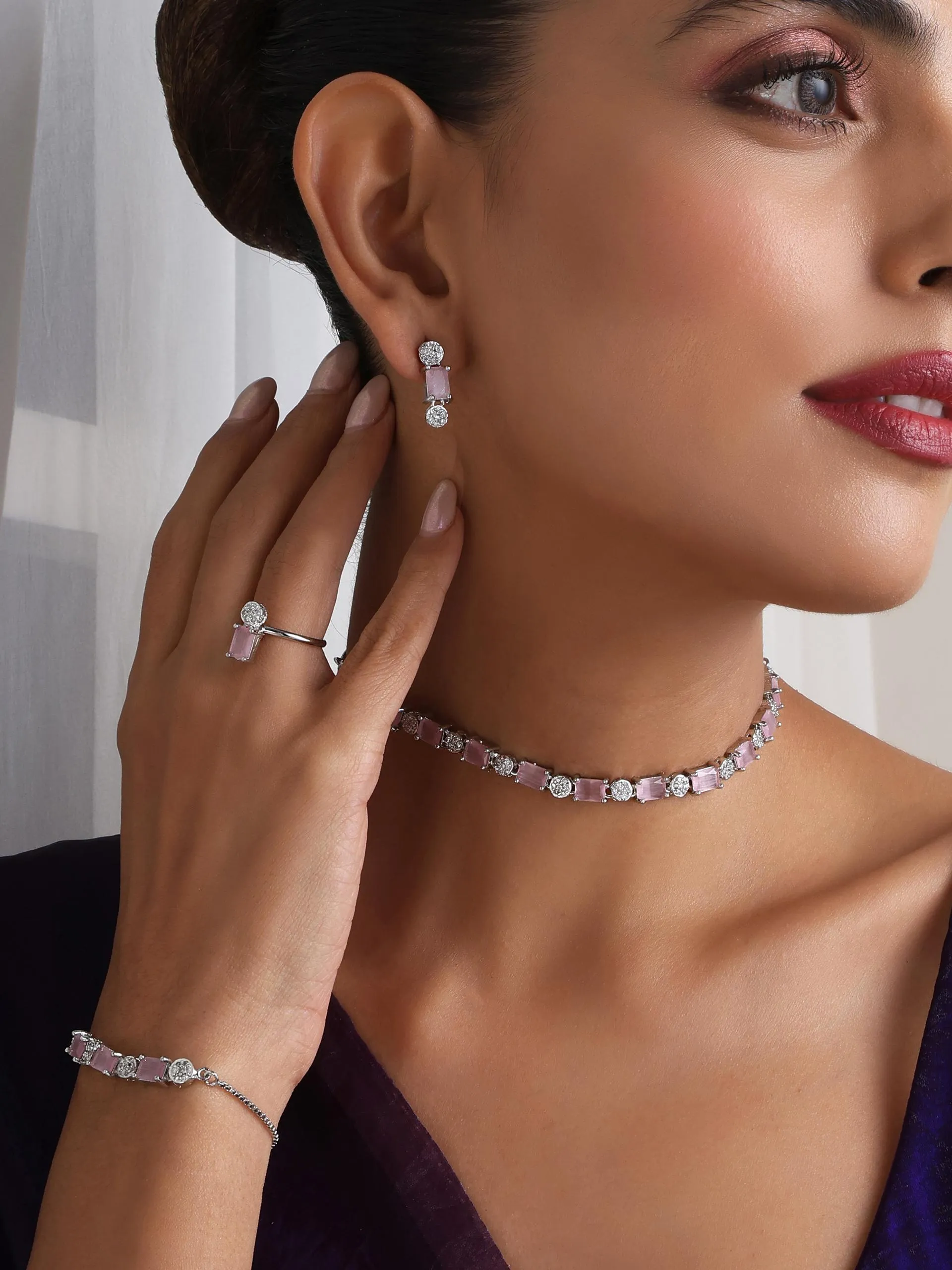 SET - Pink Diamond Necklace, Earring, Ring, Bracelet