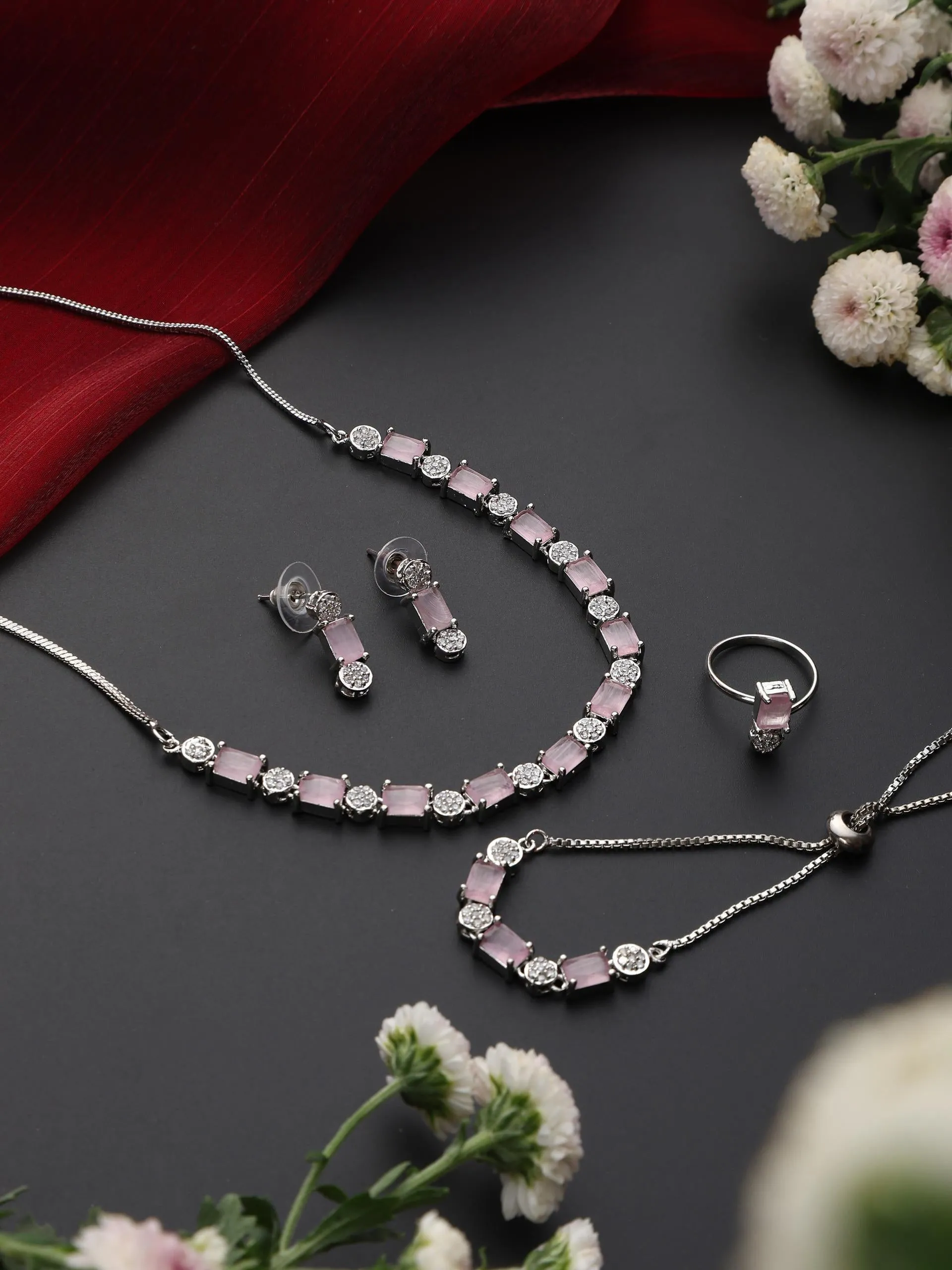 SET - Pink Diamond Necklace, Earring, Ring, Bracelet
