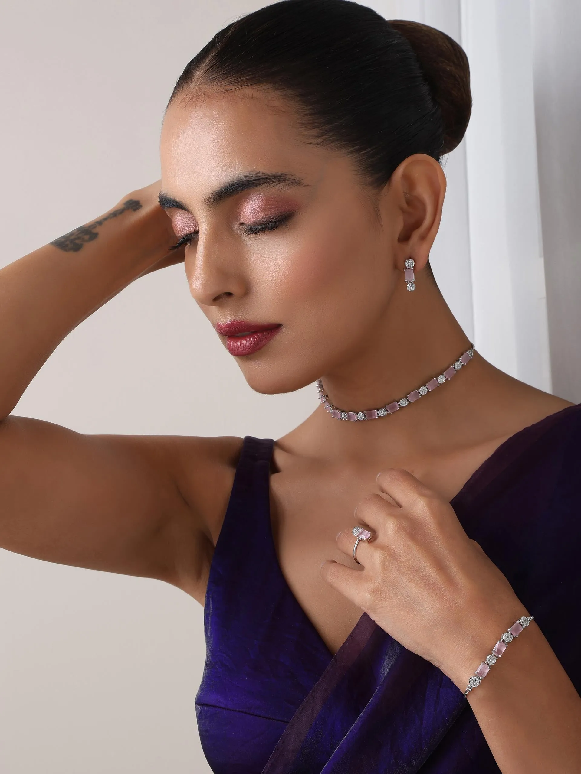 SET - Pink Diamond Necklace, Earring, Ring, Bracelet