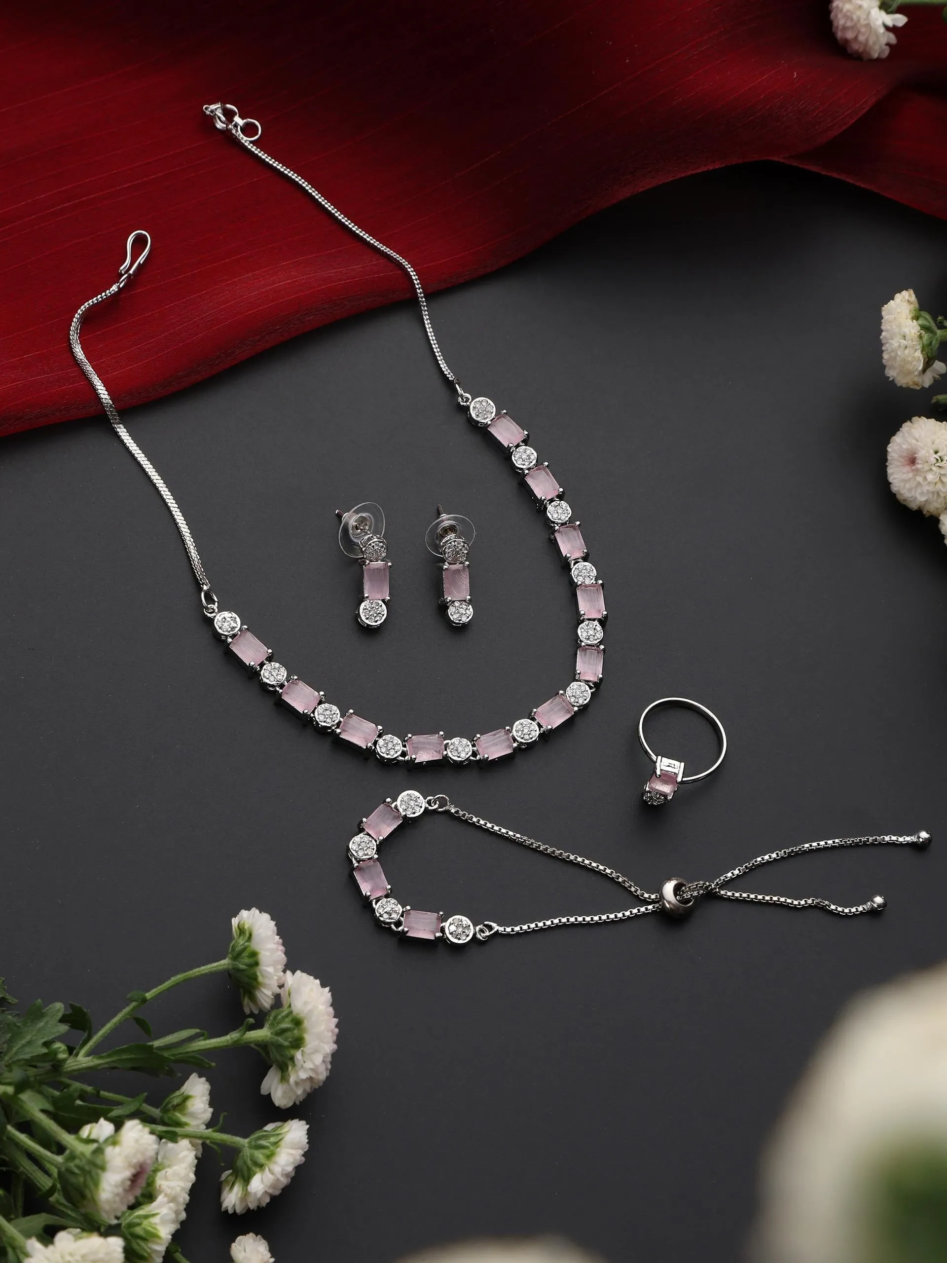 SET - Pink Diamond Necklace, Earring, Ring, Bracelet