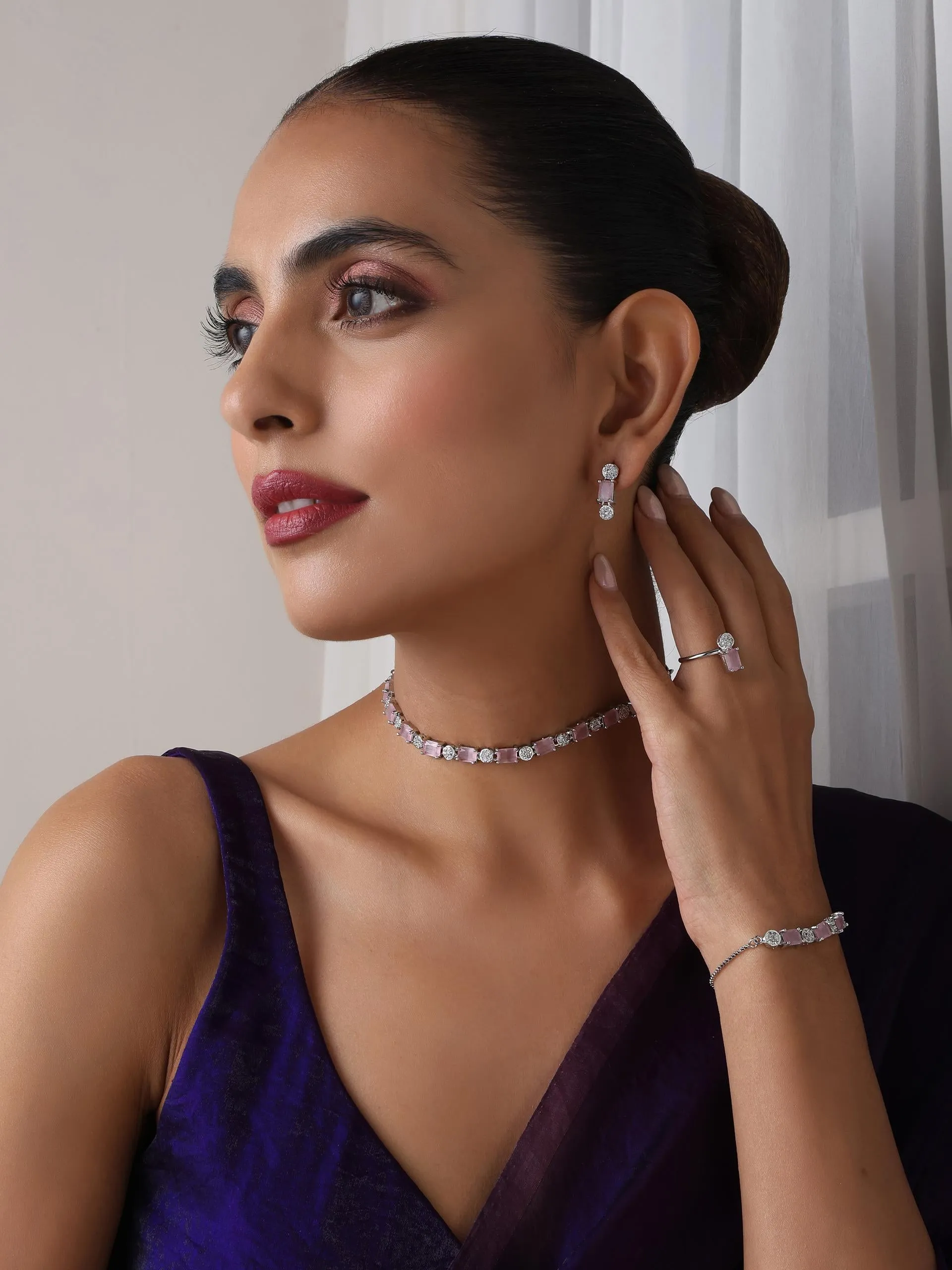 SET - Pink Diamond Necklace, Earring, Ring, Bracelet