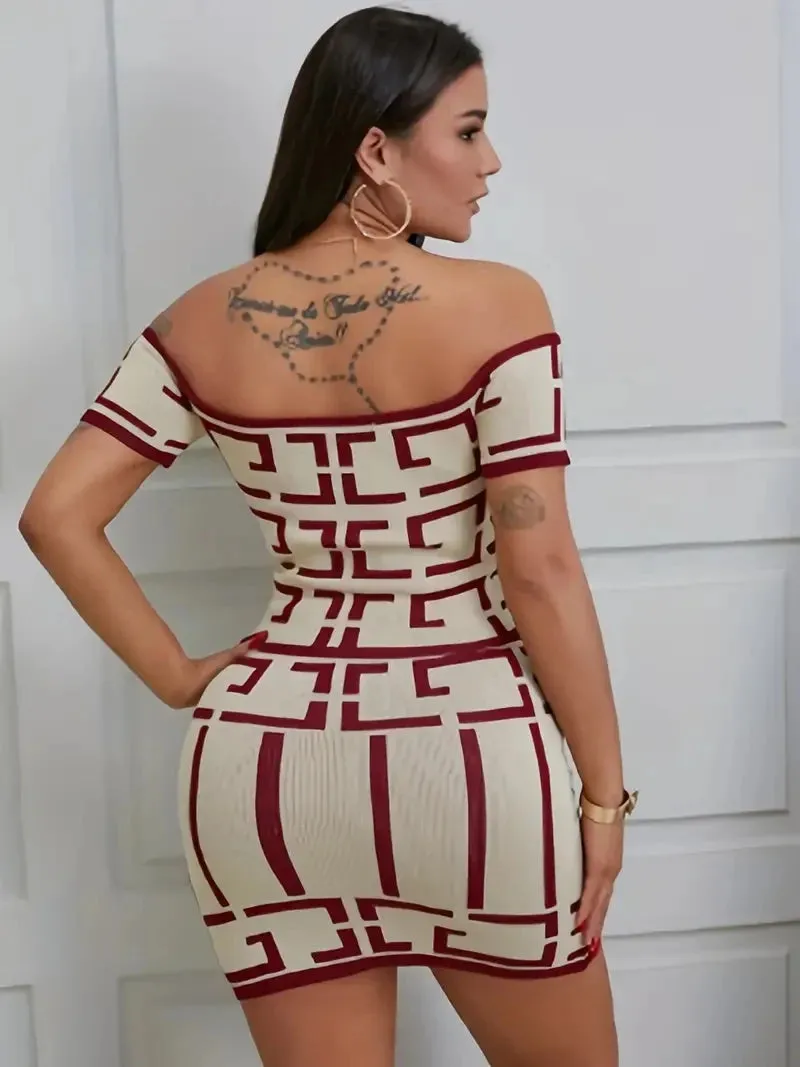 Sexy Geometric Print Two-Piece Set | Off-Shoulder Top & High Waist Skirt