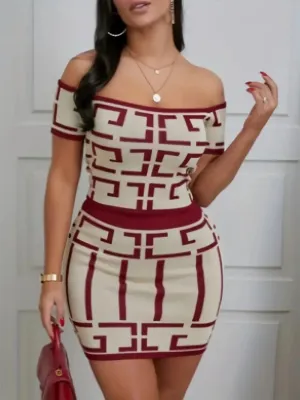 Sexy Geometric Print Two-Piece Set | Off-Shoulder Top & High Waist Skirt