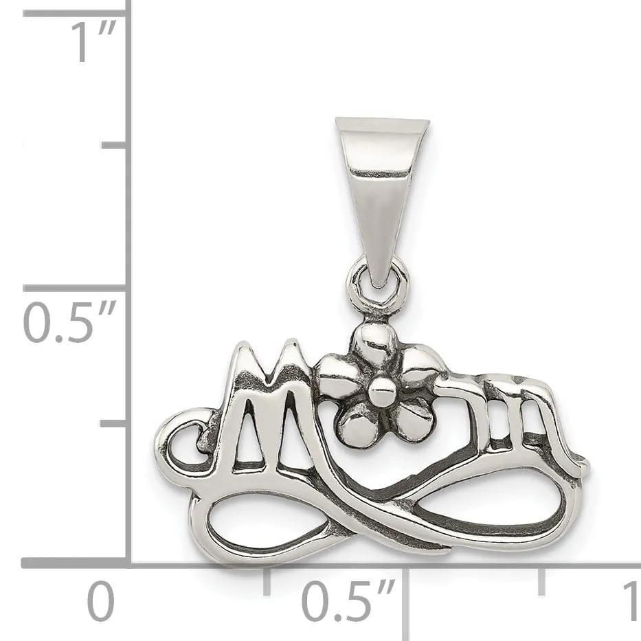 Silver Antiqued Mom with Flower Design Pendant