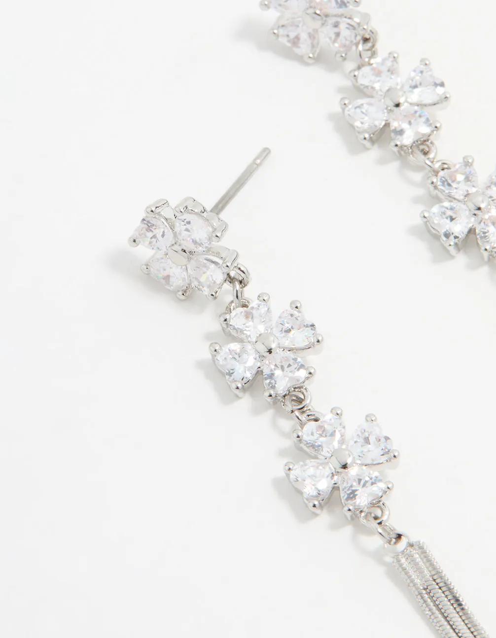 Silver Cubic Zirconia Triangular Floral Drop Earrings