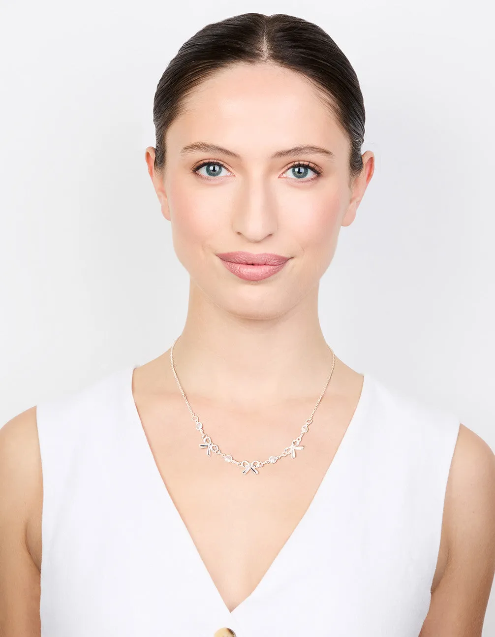 Silver Diamante Bow Station Necklace