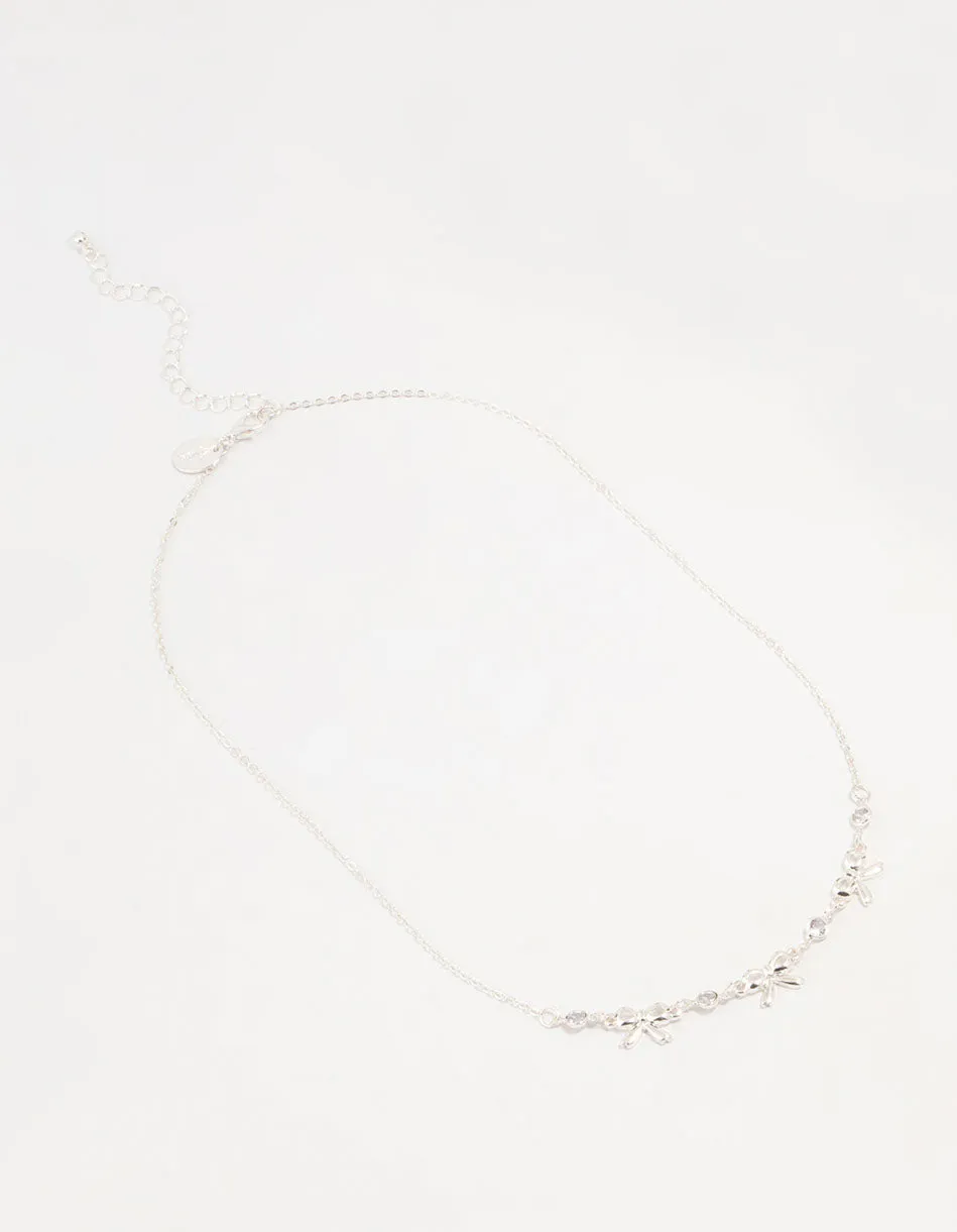 Silver Diamante Bow Station Necklace