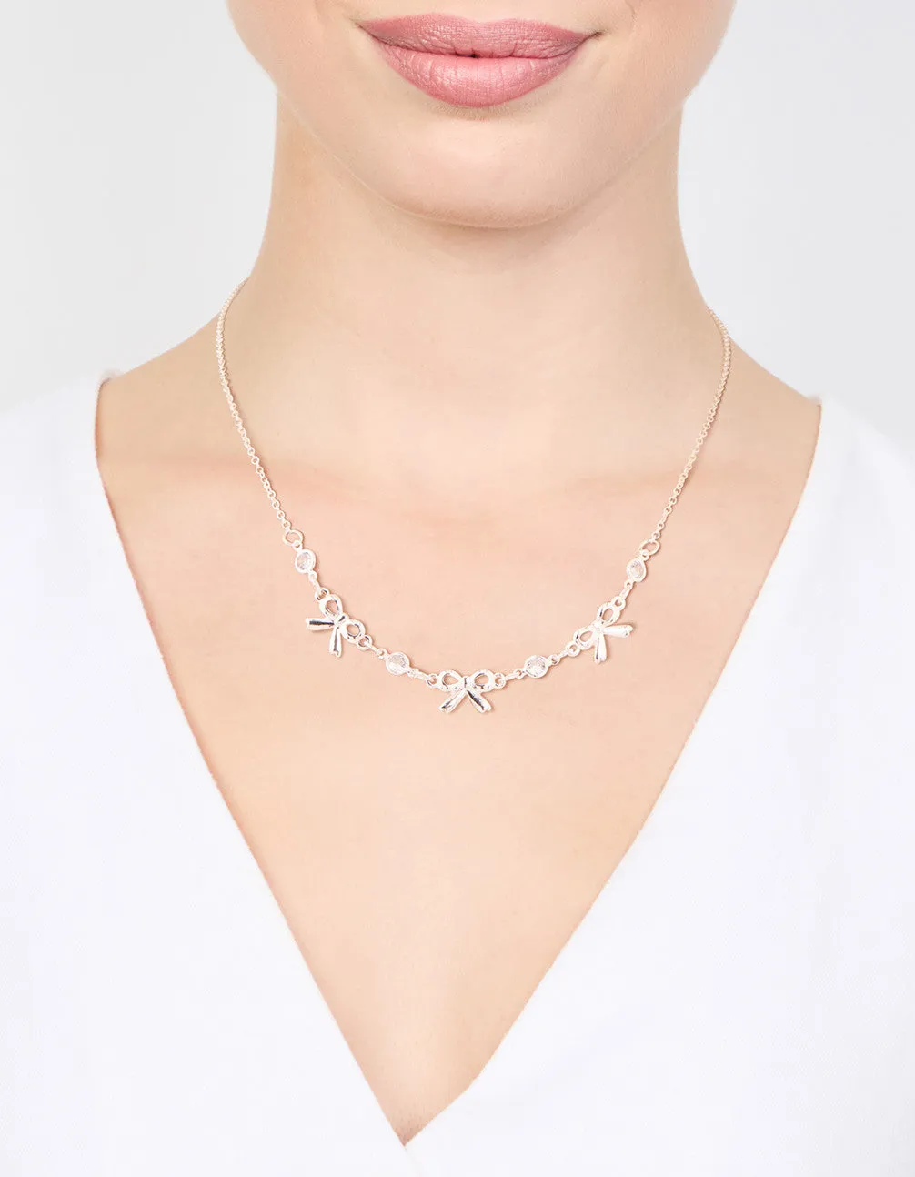 Silver Diamante Bow Station Necklace