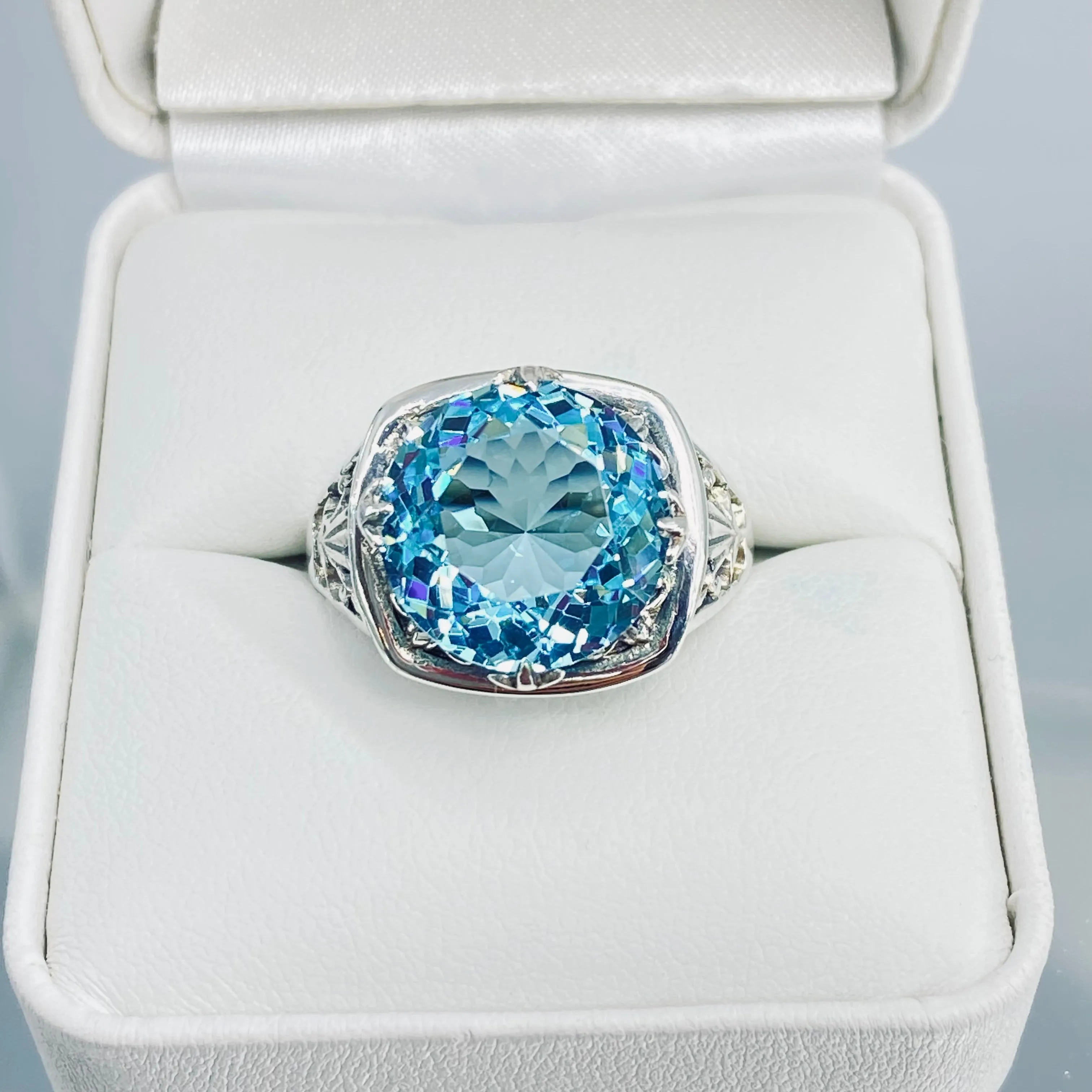 Sky Blue Ring, Round Cut, Lotus Art Deco Filigree, D130