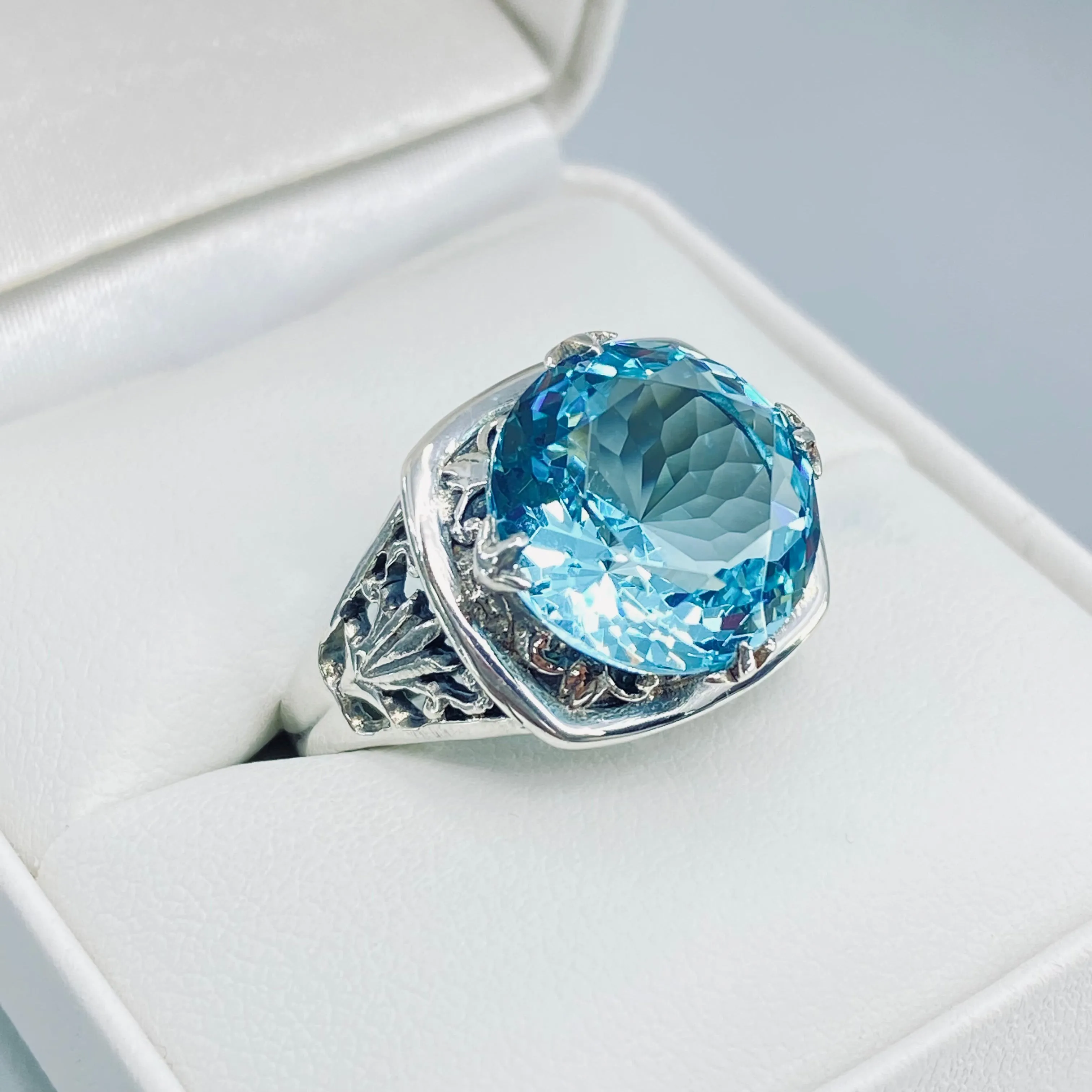 Sky Blue Ring, Round Cut, Lotus Art Deco Filigree, D130