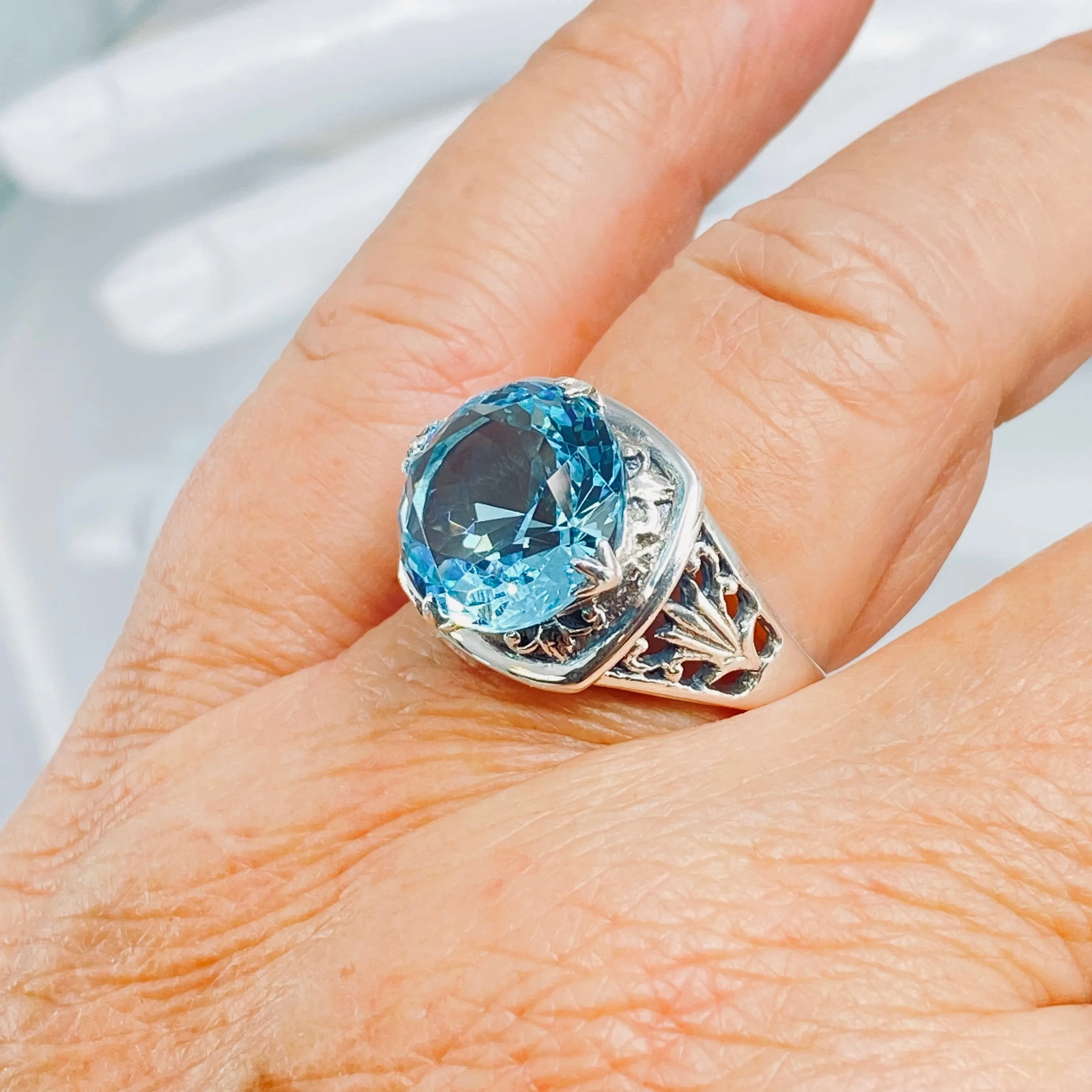 Sky Blue Ring, Round Cut, Lotus Art Deco Filigree, D130