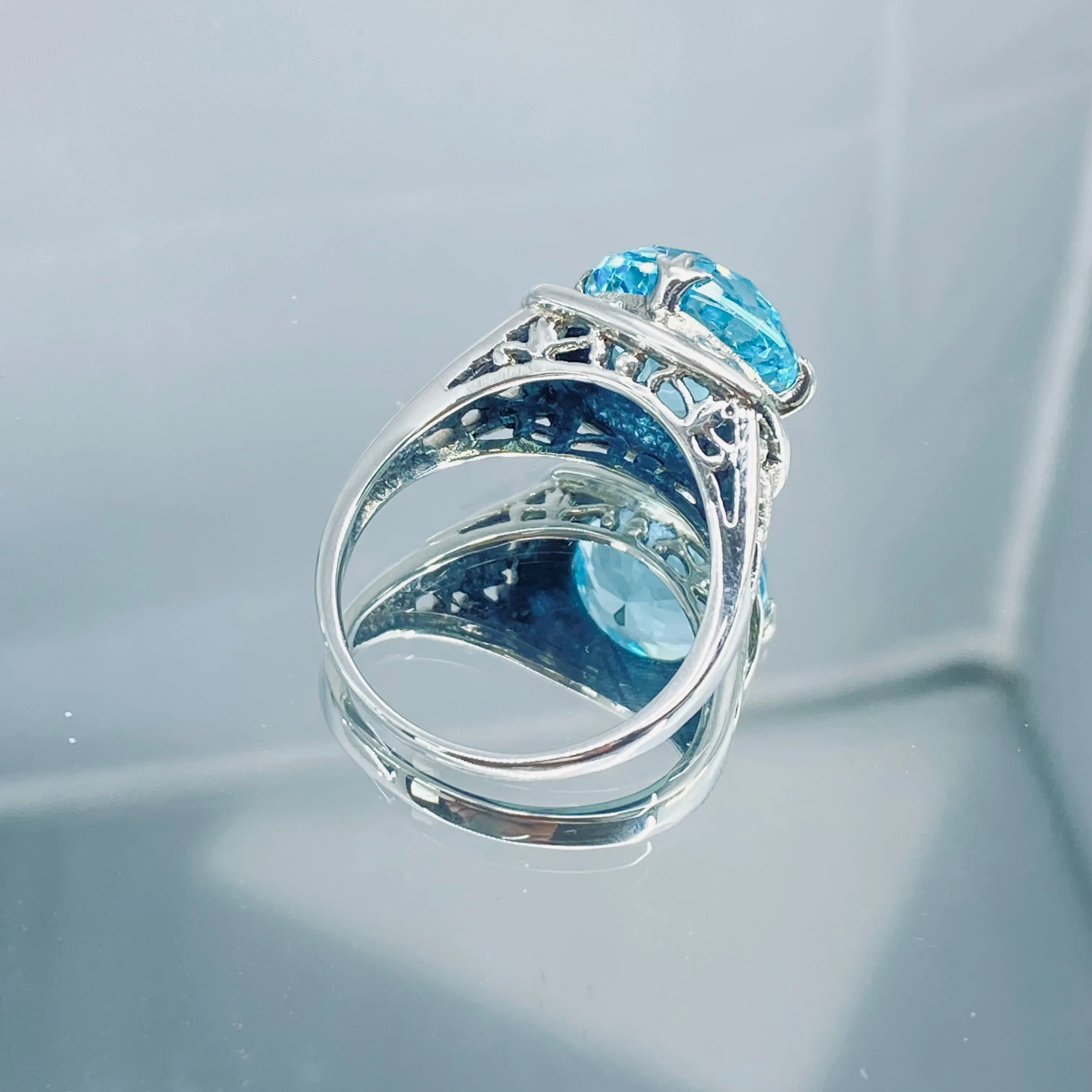 Sky Blue Ring, Round Cut, Lotus Art Deco Filigree, D130