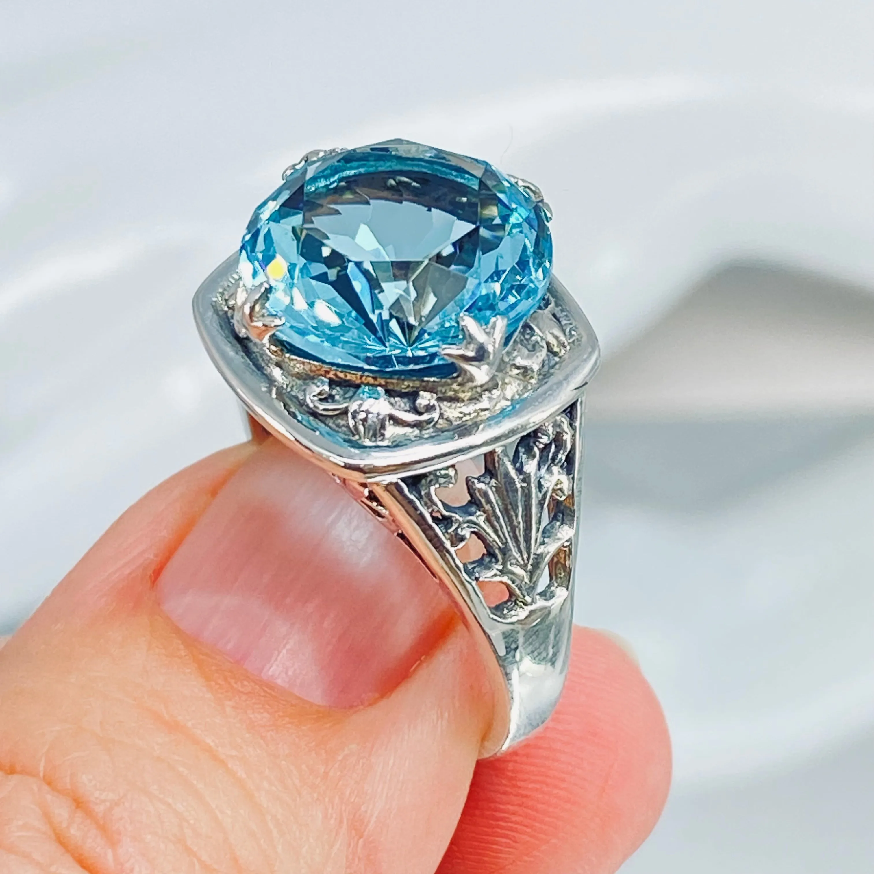 Sky Blue Ring, Round Cut, Lotus Art Deco Filigree, D130
