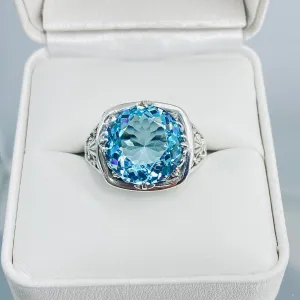 Sky Blue Ring, Round Cut, Lotus Art Deco Filigree, D130
