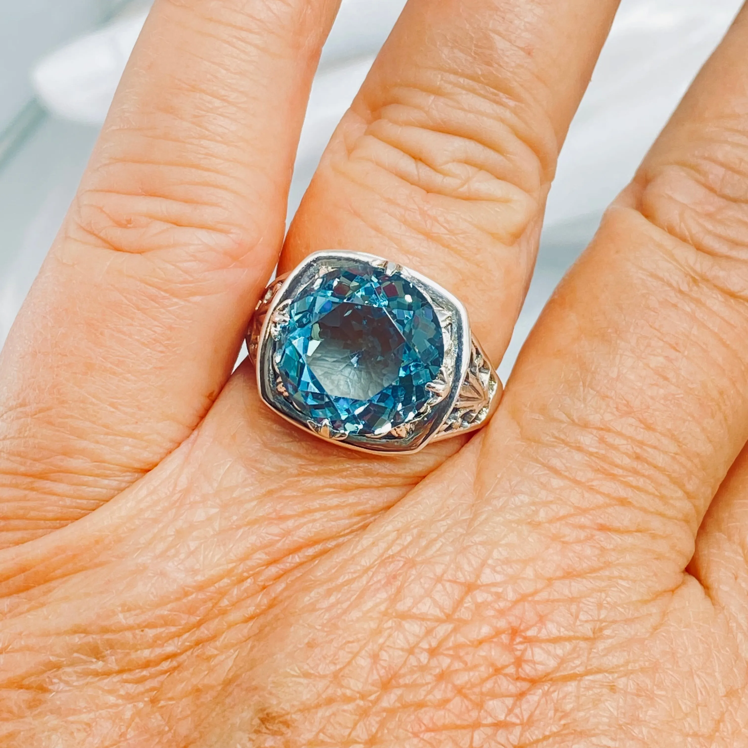 Sky Blue Ring, Round Cut, Lotus Art Deco Filigree, D130