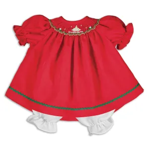 Sparkling Christmas Trees Red Smocked Doll Dress