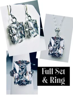 Sparkling White Cubic Zirconia Jewelry Set, Rectangle Art Deco Set includes Ring, Earrings & Pendant #S15