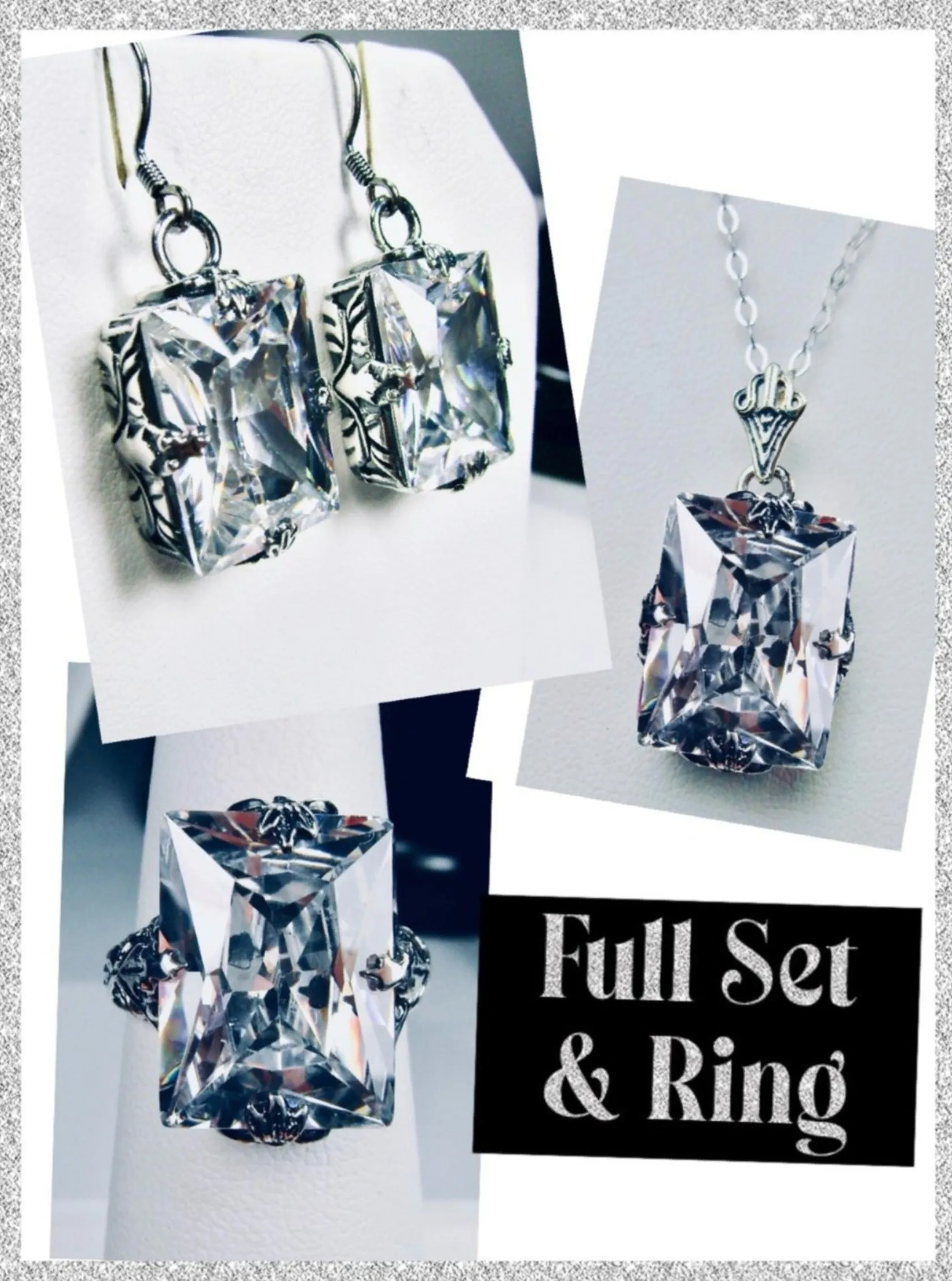Sparkling White Cubic Zirconia Jewelry Set, Rectangle Art Deco Set includes Ring, Earrings & Pendant #S15