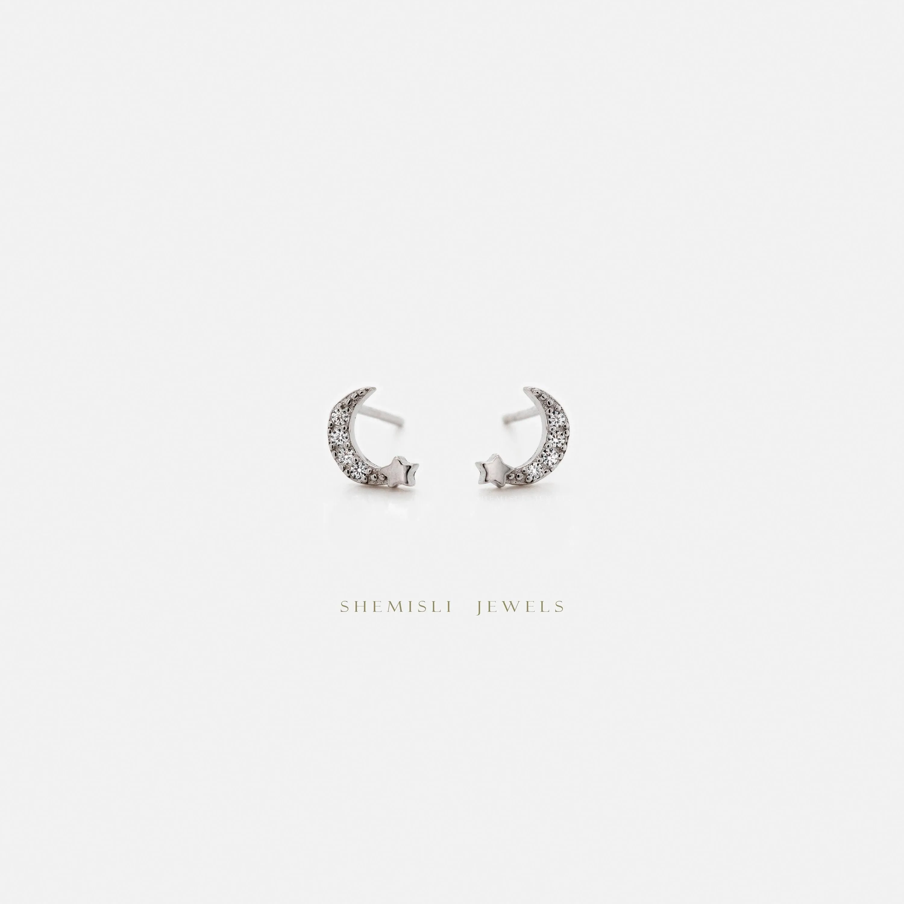 Star on Moon Stud Earrings with Butterfly Backing, Unisex, Gold, Silver SHEMISLI - SS326 LR