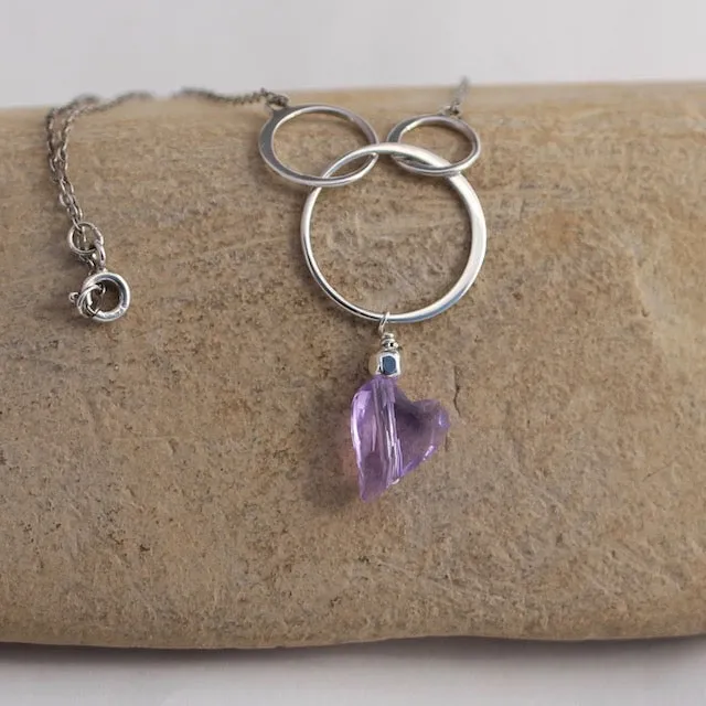 Sterling silver chain necklace with circles and Swarovski crystal heart pendant