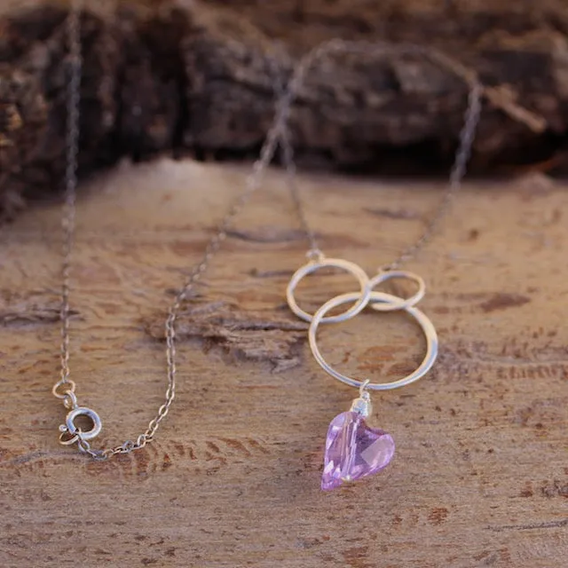 Sterling silver chain necklace with circles and Swarovski crystal heart pendant