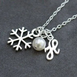 Sterling Silver Snowflake Necklace, Bridesmaid Jewelry Gift with Initial & Pearl