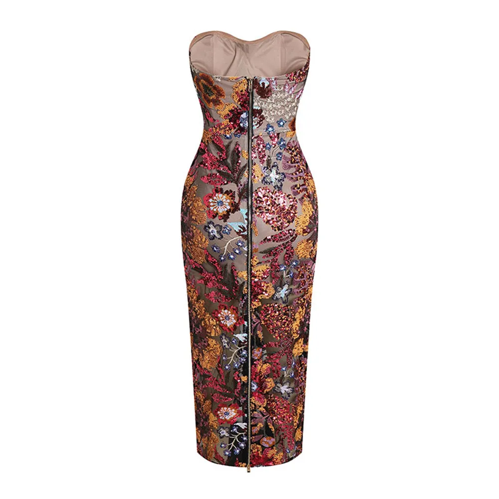 Strapless Sleeveless Sequins Midi Dress