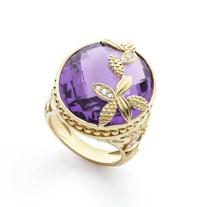 Studio 18K Gold Floral Amethyst and Diamond Ring
