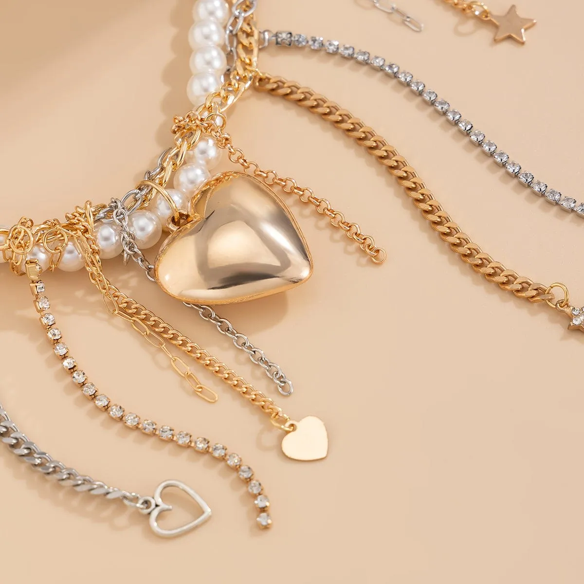 Stylish Layered Heart Star Tassel Chain Pearl Choker Necklace