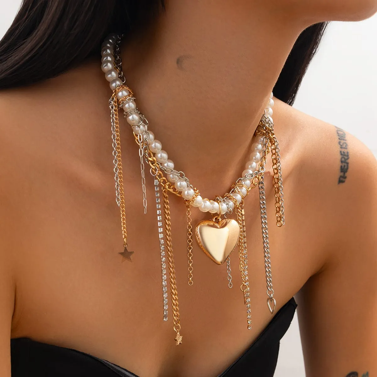 Stylish Layered Heart Star Tassel Chain Pearl Choker Necklace