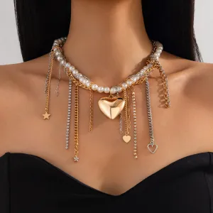Stylish Layered Heart Star Tassel Chain Pearl Choker Necklace