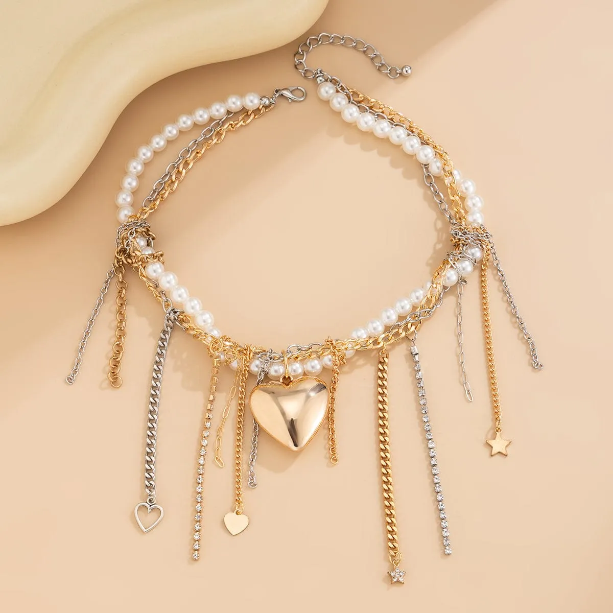Stylish Layered Heart Star Tassel Chain Pearl Choker Necklace