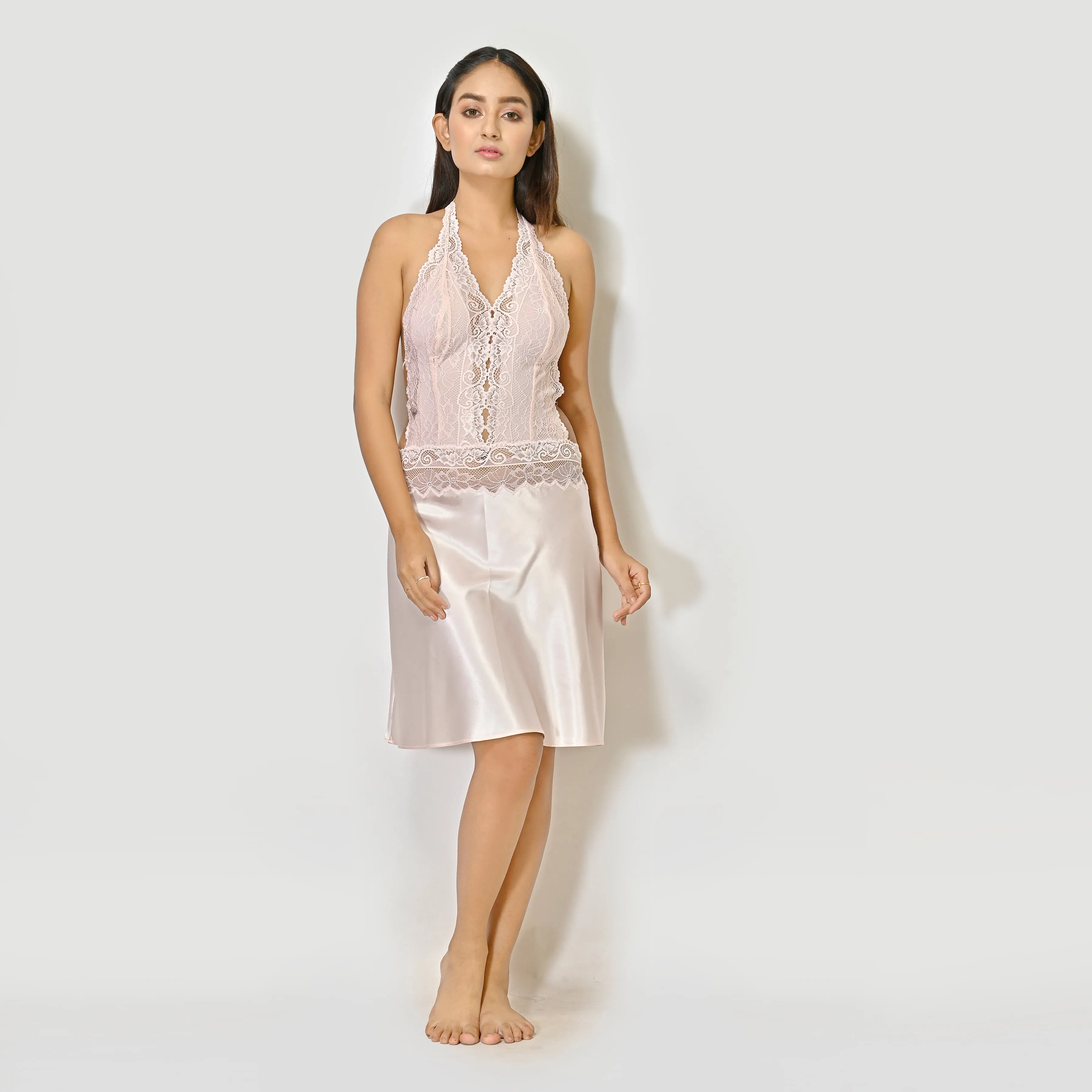 Stylish Short Korean Satin Light Peach Nighty
