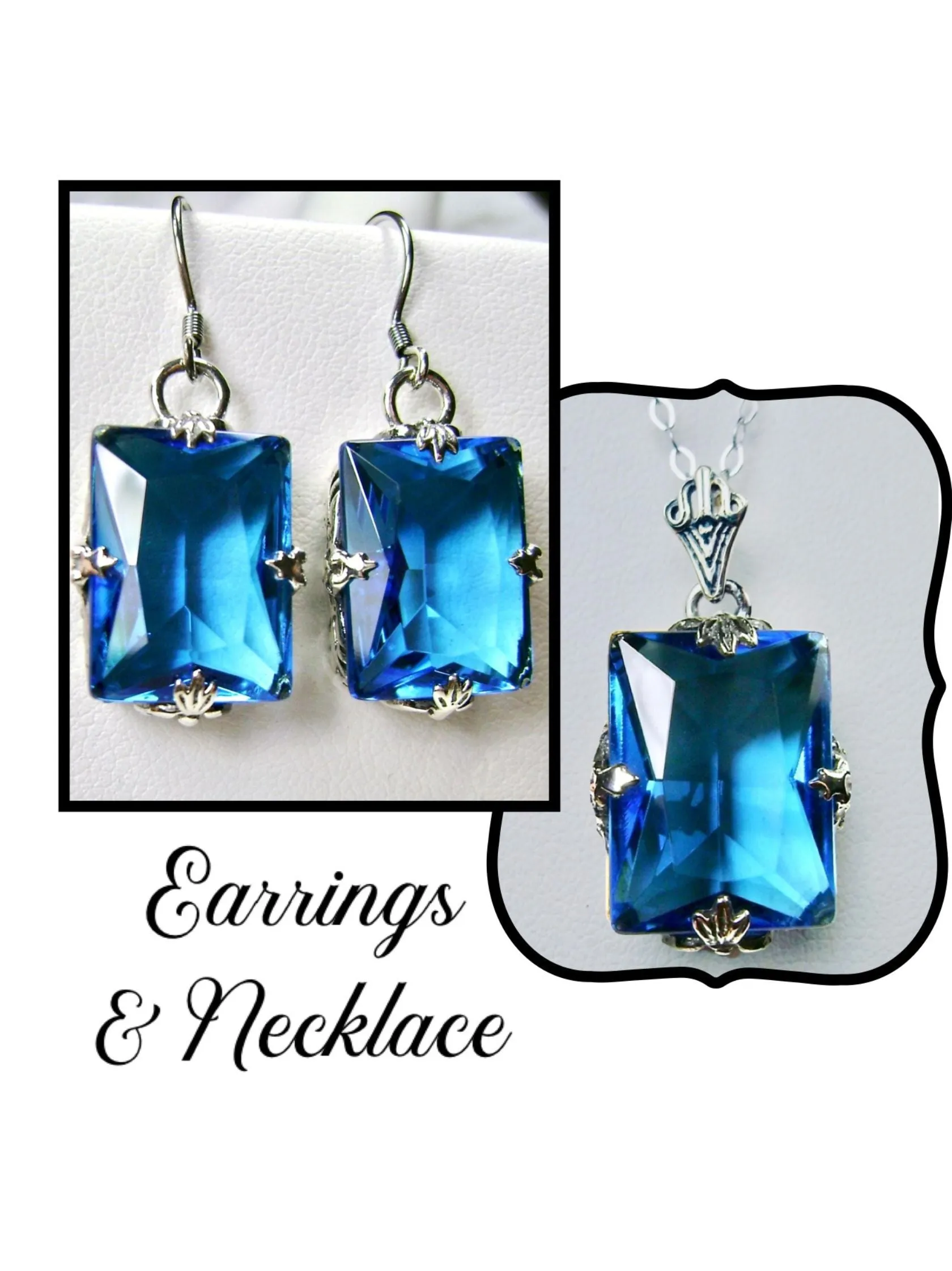 Swiss Blue Topaz Jewelry Set, Rectangle Art Deco Set includes Ring, Earrings & Pendant #S15