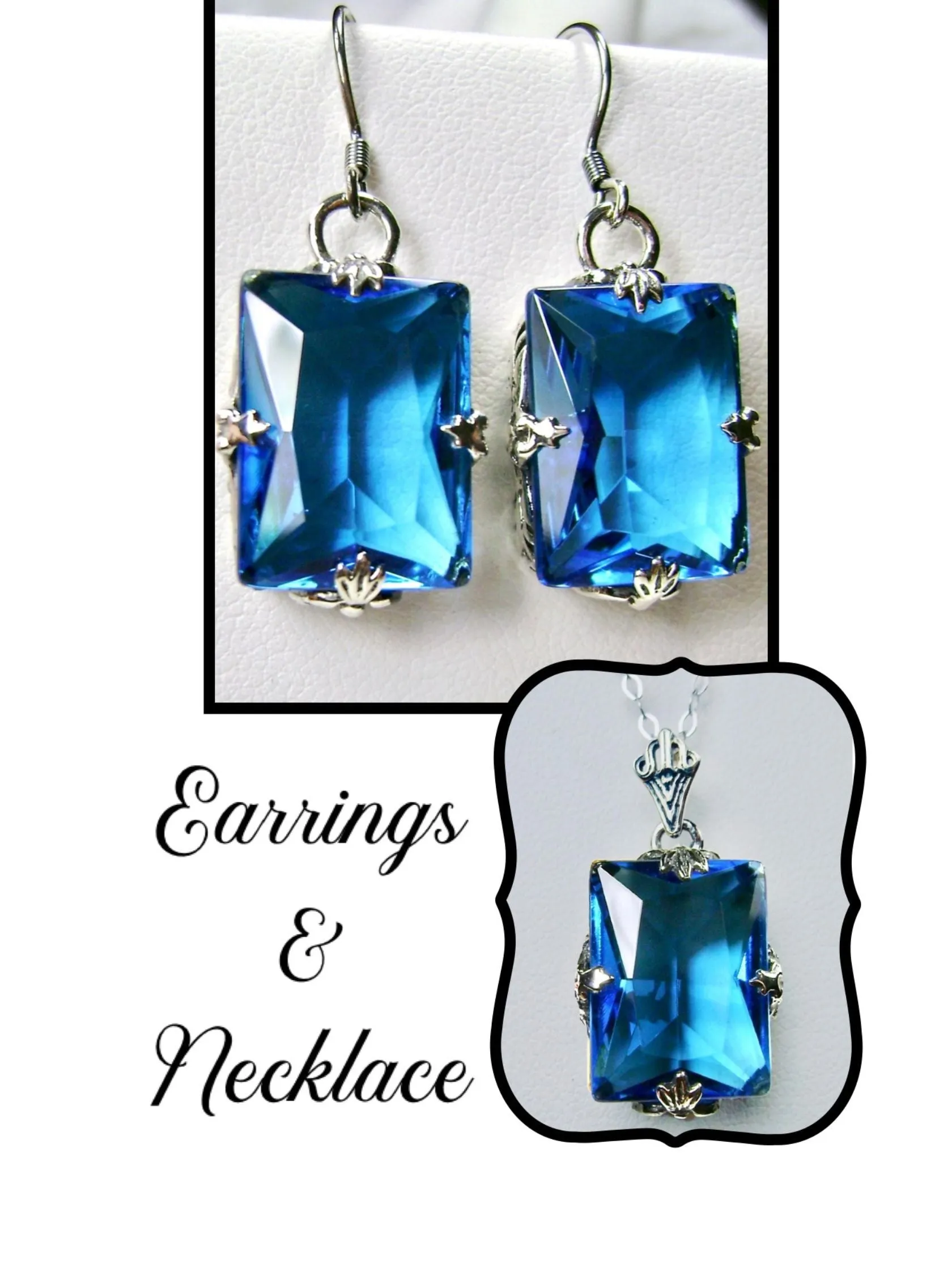 Swiss Blue Topaz Jewelry Set, Rectangle Art Deco Set includes Ring, Earrings & Pendant #S15