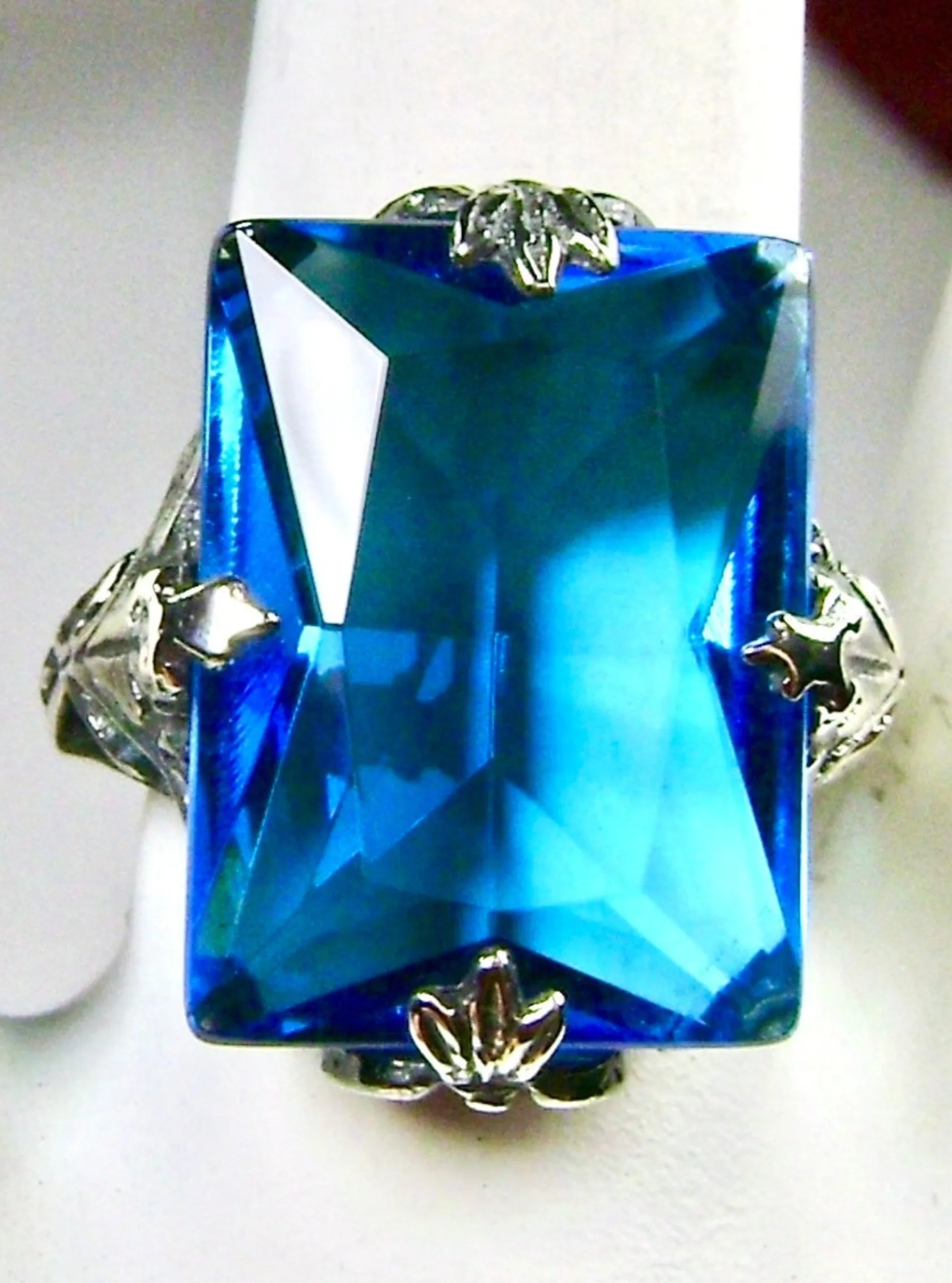 Swiss Blue Topaz Jewelry Set, Rectangle Art Deco Set includes Ring, Earrings & Pendant #S15