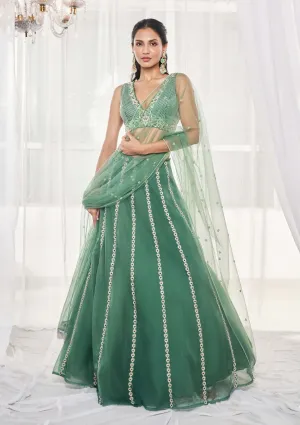 Teal green embroidered lehenga set