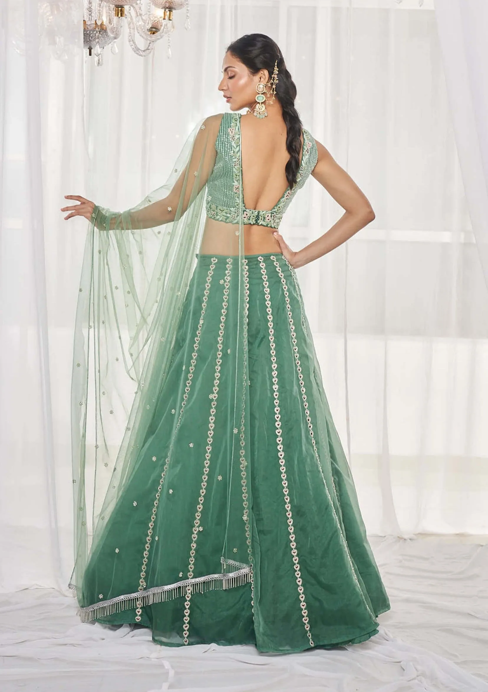 Teal green embroidered lehenga set